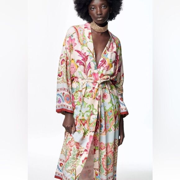 Zara Printed Pockets Kimono with Belt.Size S - Picture 1 of 14
